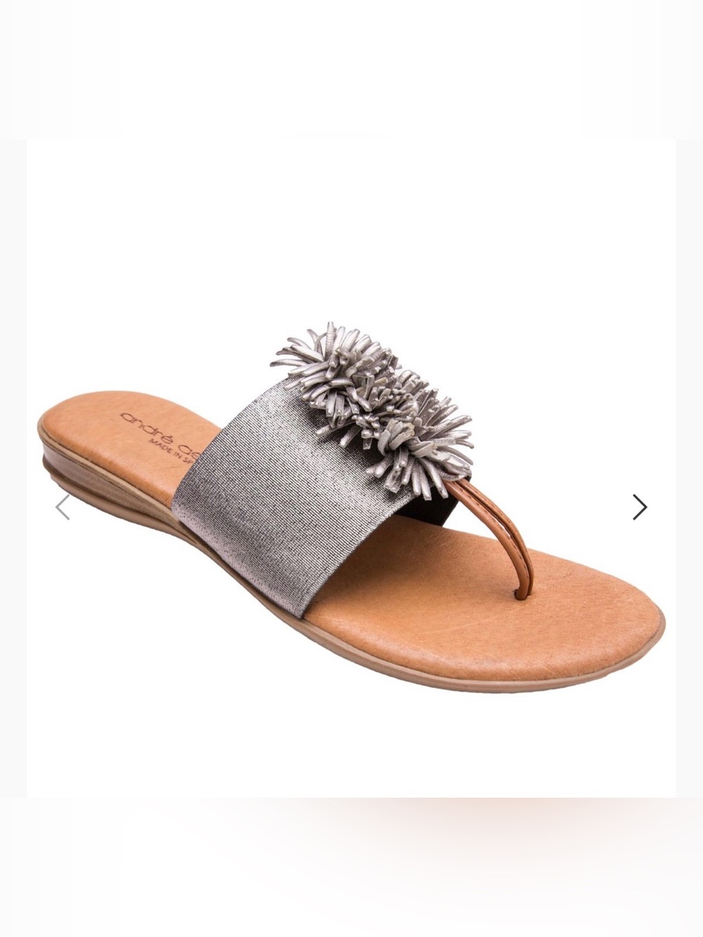 Andre Assous Metallic Silver Slide Sandal with Pom Trim